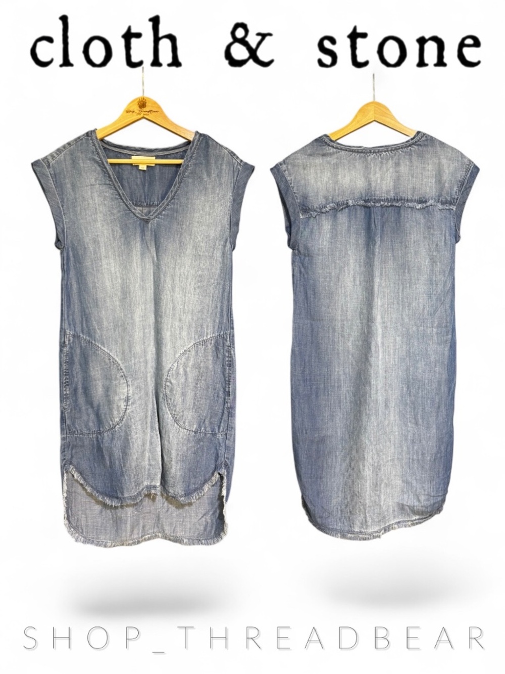 EUC [Cloth & Stone] Frayed Chambray High Low Denim V Neck Mini Shift Dress | XS
